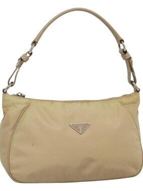 PRADA Hand Bag Nylon Beige Silver Auth 127869